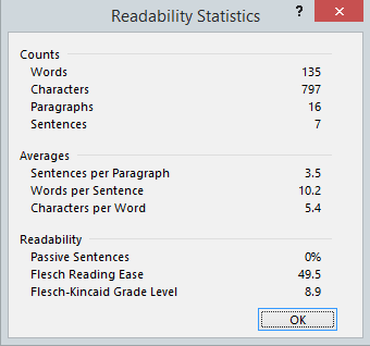 Check Readability Statistics – Readability Statistics Dialog Box